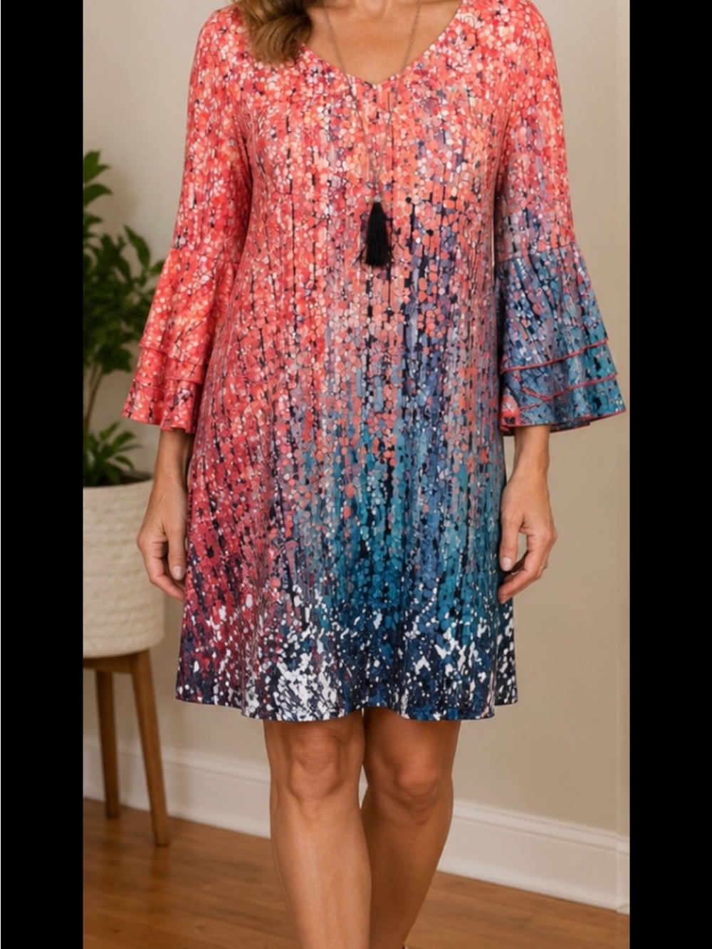 Women’s Ombre Bell Sleeve Shift Dress Pink Teal V-Neck Boho Size Medium NWT - Picture 2 of 13